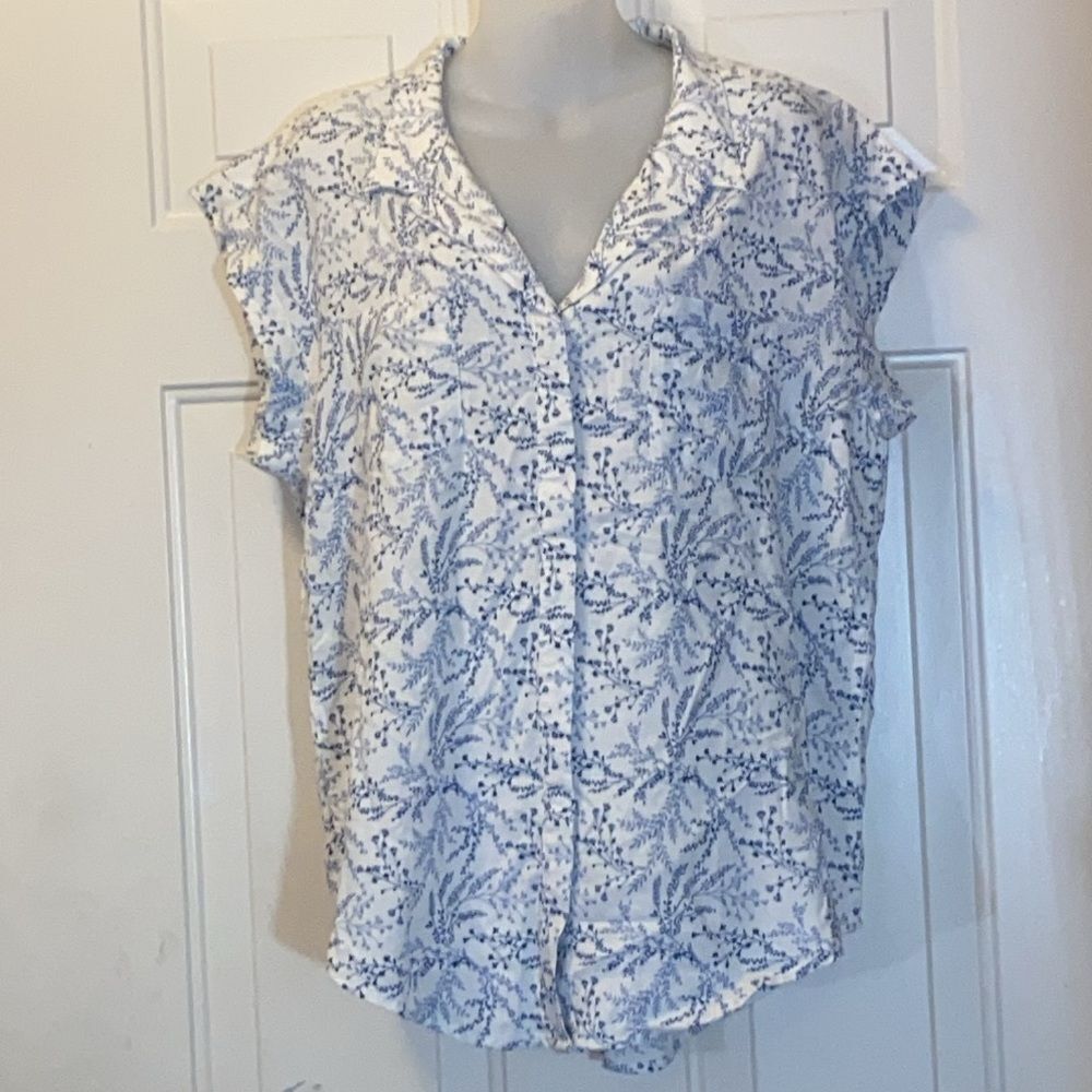 Elegant Women's Blouse - White and Blue Floral Size L